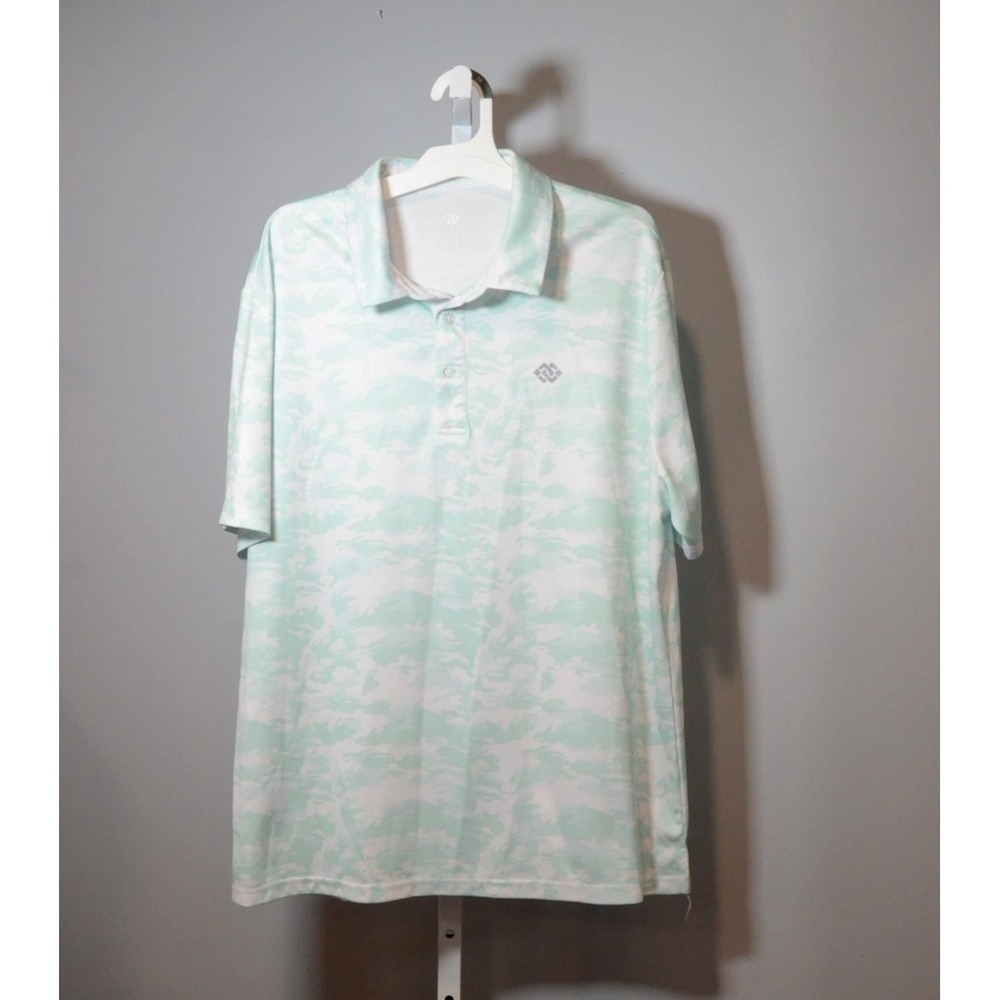 MoFiz Men's Size L 3-Button Polo Pale Green/White Camo Pattern Front Pocket